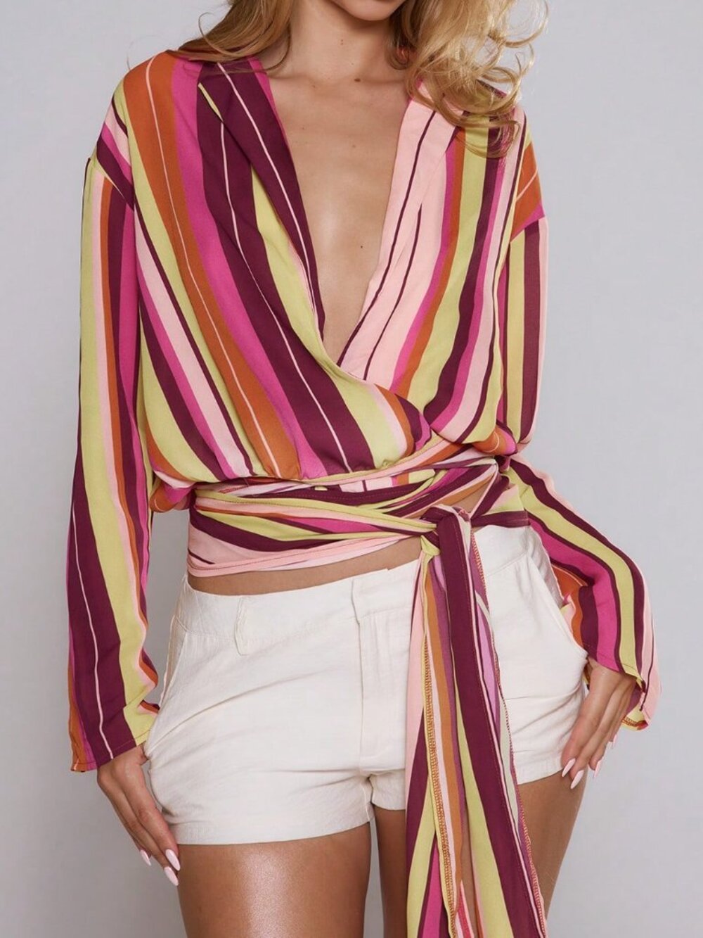 Pink Casual Women's Striped Plunge V Front Tie Side Long Sleeve Top